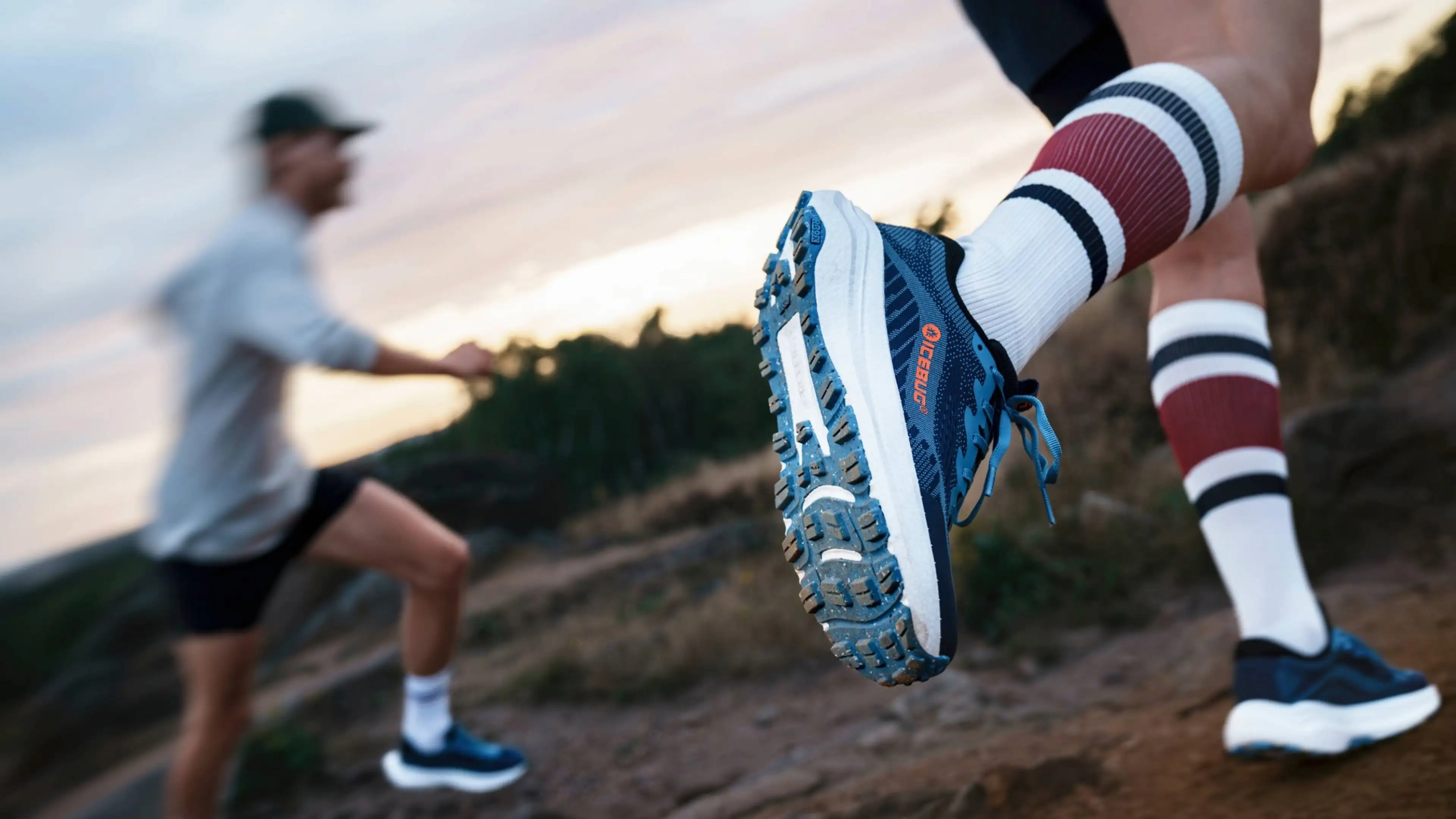 Close-up of a runner's blue shoe with rugged sole, stepping forward on a trail. Another runner is blurred in the background, outdoors setting.