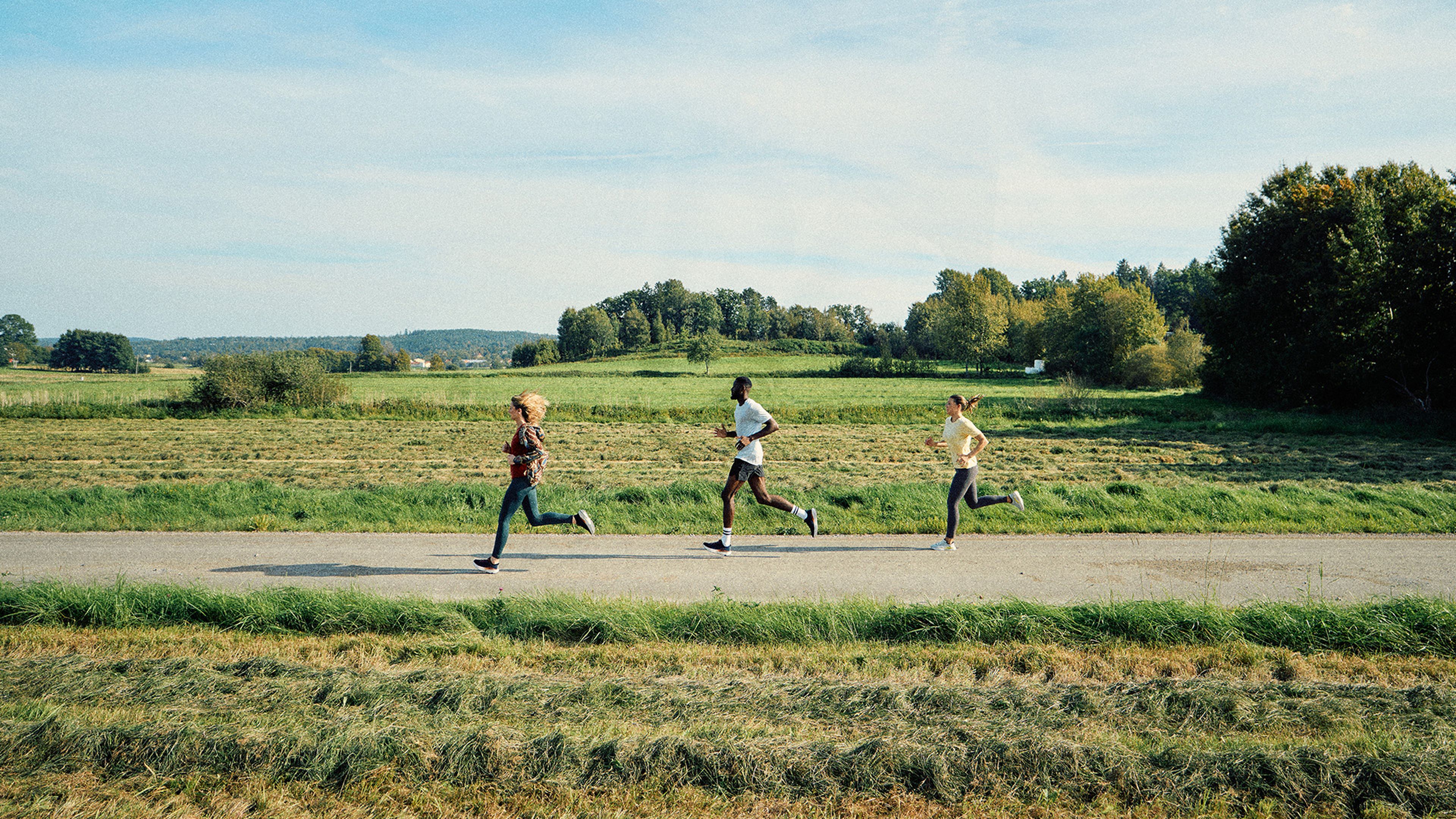 Three people jogging on a rural road, surrounded by green fields and trees under a clear sky.