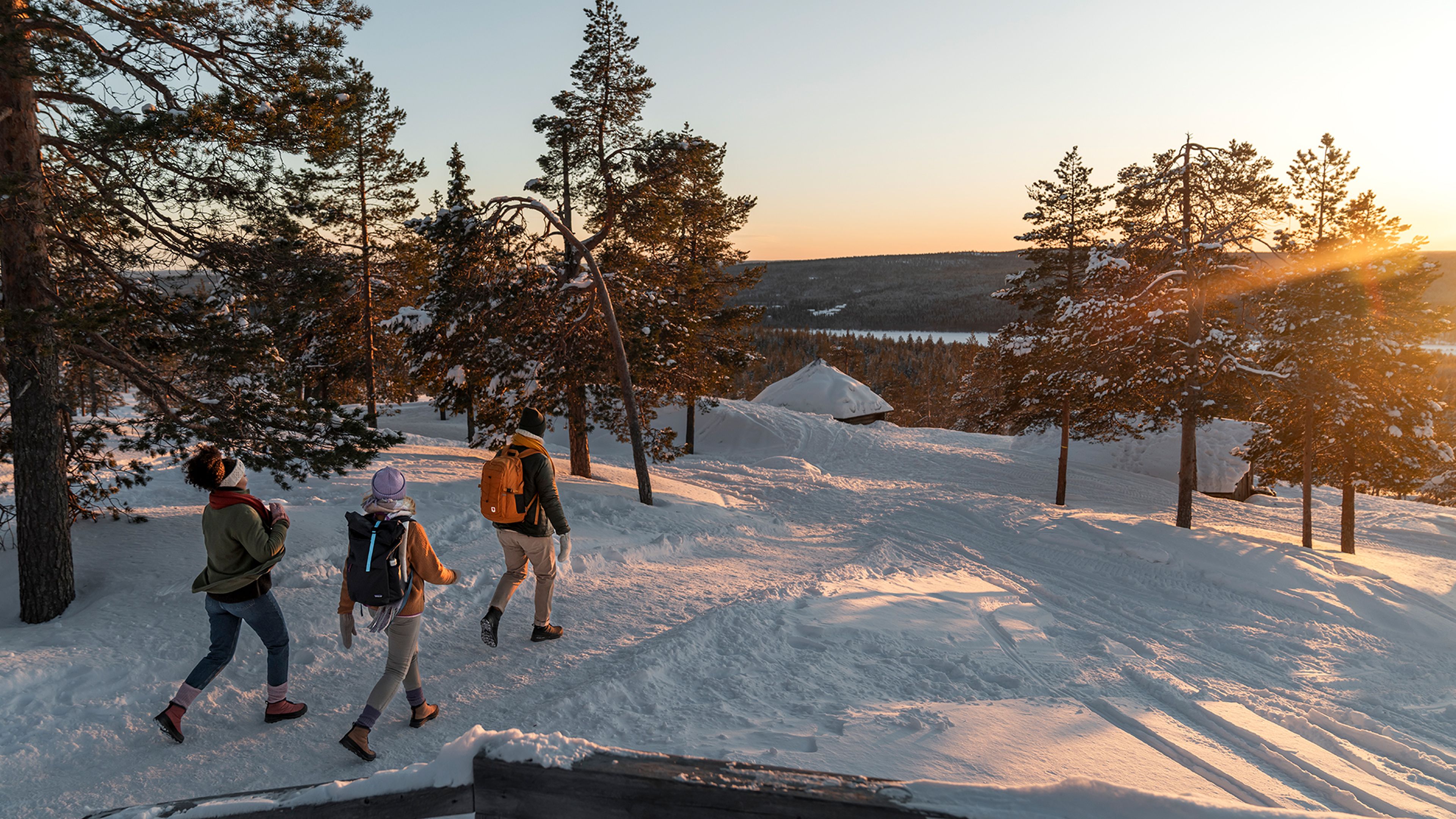 Three people walking in a snowy forest at sunset, surrounded by trees and a distant view of a frozen lake.
