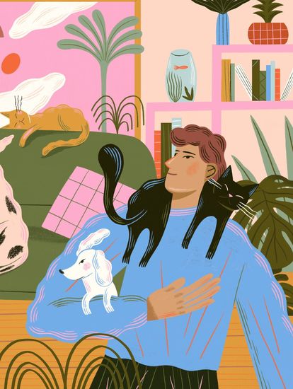 Illustration man with pets