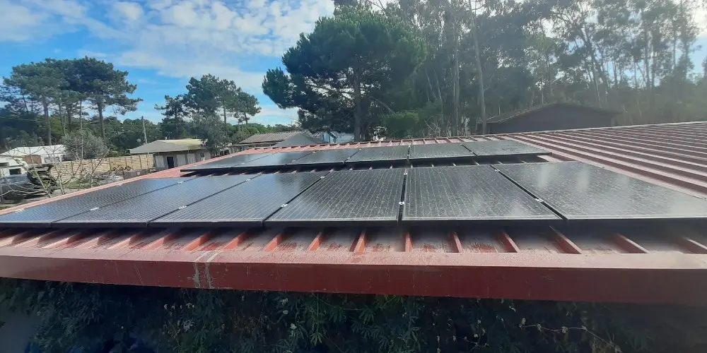 PV panels on a flat roof, with trees and other houses in the background.