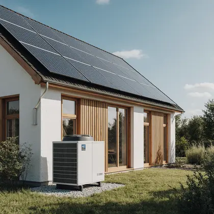 Modern house with solar panels on the roof and an outdoor heat pump unit, surrounded by a grassy yard under a clear blue sky.