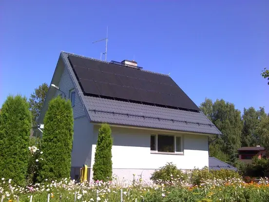 Single-family house with PV panels on the roof, three bushes on the side, and a flower meadow in the garden.