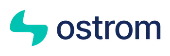 Teal abstract shape next to the word "ostrom" in dark blue on a white background.