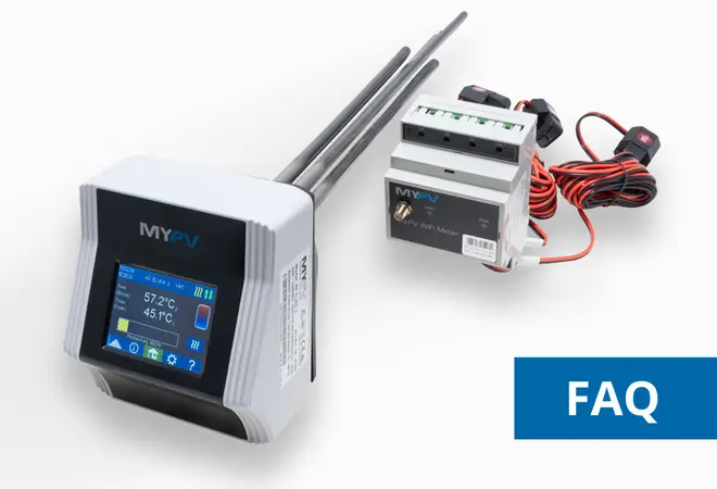 Two my-PV devices AC ELWA 2 and WiFi Meter shown on white background with FAQ text in the top right corner.