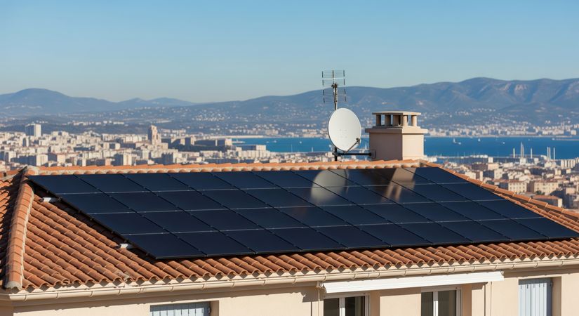 House in France with rooftop solar panels, overlooking a coastal town and the sea in the background.