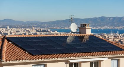 House in France with rooftop solar panels, overlooking a coastal town and the sea in the background.