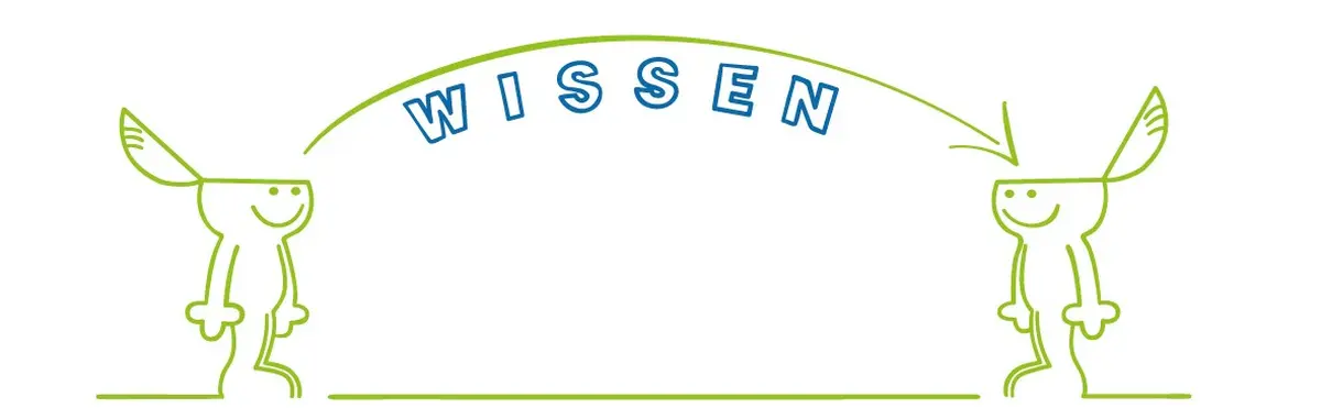 Grafik mit zwei Cartoon-Figuren mit geöffneten Köpfen und einem Pfeil dazwischen, der Wissenstransfer symbolisiert.