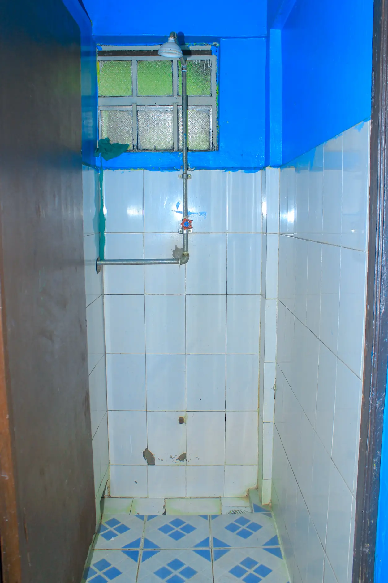 Narrow shower area with white tiled walls and blue ceiling, featuring a single overhead showerhead and a small window above.