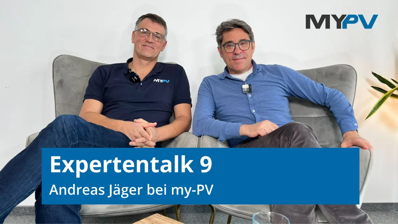 Two men sitting in armchairs with microphones. Text overlay: "Expertentalk 9 Andreas Jäger bei my-PV." Logo in the top right corner.