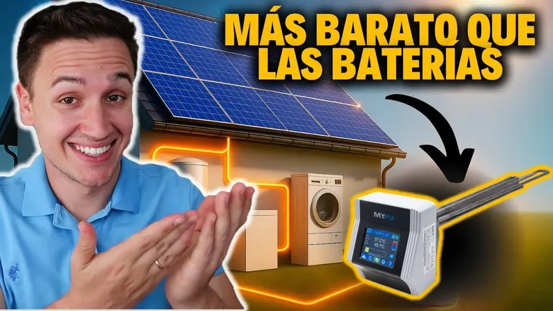 Smiling man presenting a solar-paneled house with glowing appliances and a portable inverter device; caption reads "Más barato que las baterías."