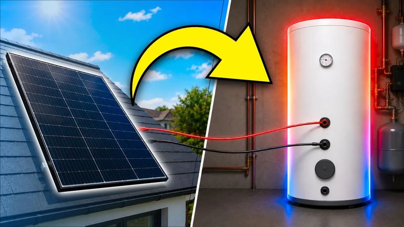 Solar panel on a roof with an arrow pointing to a connected water heater, illustrating solar energy usage for heating.
