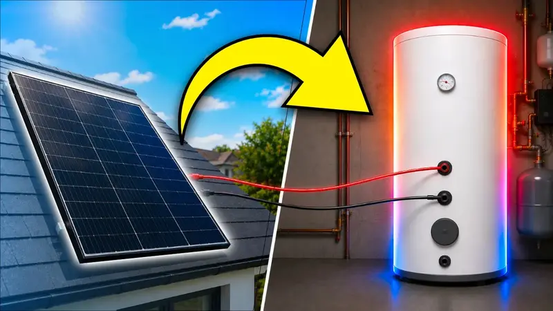 Solar panel on a roof with an arrow pointing to a connected water heater, illustrating solar energy usage for heating.