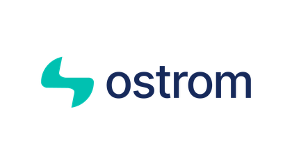 Logo with a teal abstract shape on the left and the word "ostrom" in dark blue on the right.