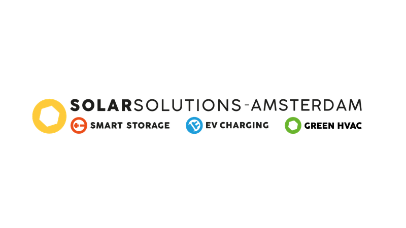 Logo of Solar Solutions Amsterdam with icons for smart storage, EV charging, and solar energy in orange, blue, and green circles.