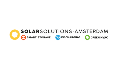Logo of Solar Solutions Amsterdam with icons for smart storage, EV charging, and solar energy in orange, blue, and green circles.