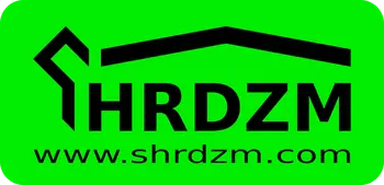 Bold black text "HRDZM" with a stylized roof design above, on a bright green background. Website URL "www.shrdzm.com" below.