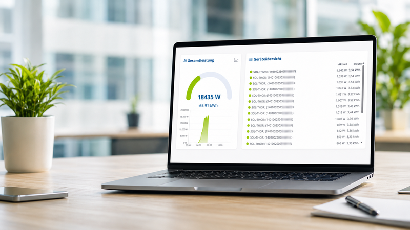 Laptop displaying energy consumption data with graphs and a device list, placed on a wooden desk with a plant and smartphone nearby.