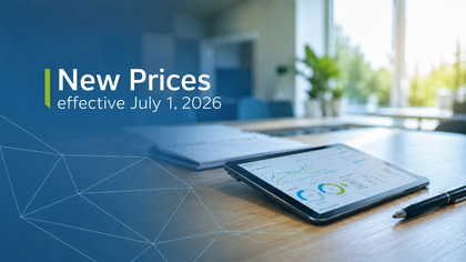 Tablet displaying graphs on a desk beside a pen and notebook, with "New Prices effective July 1, 2026" text overlay. Bright office background.