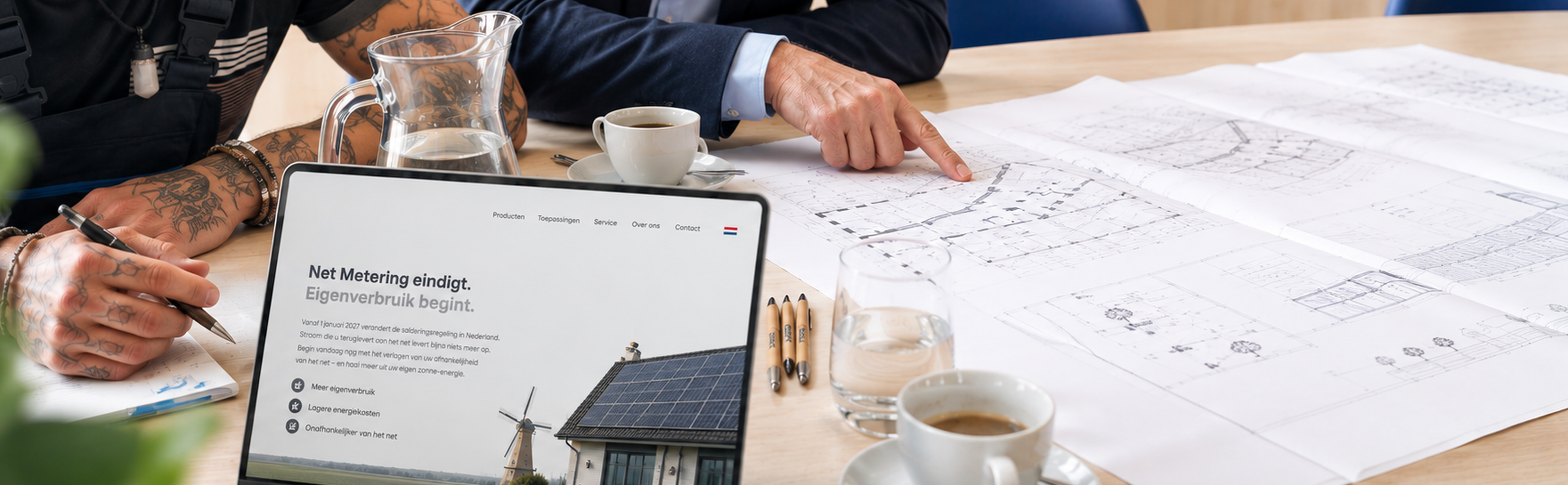 Two people discussing architectural blueprints at a table with a laptop displaying solar energy information, surrounded by coffee cups and brochures.