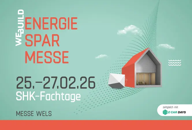 Advertisement for "WEBUILD ENERGIE SPAR MESSE" event, 25-27.02.26, at Messe Wels. Features house graphic and E-CAR DAYS logo.