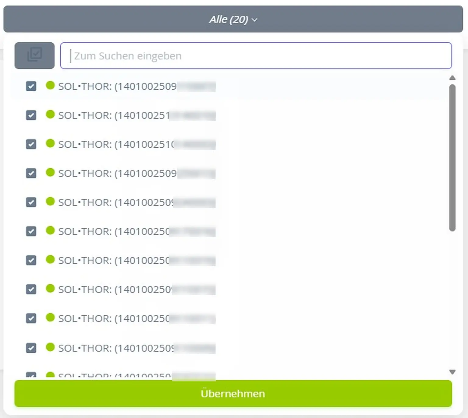 A software interface showing a list of SOL-THOR items with checkboxes, a search bar, and a button labeled "Übernehmen."