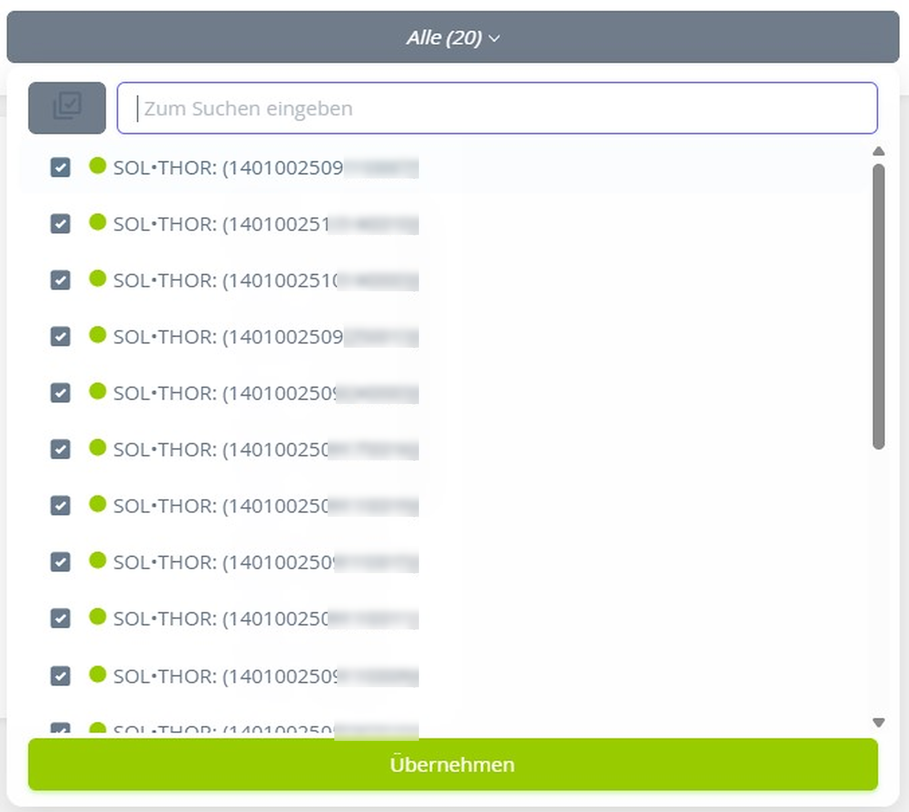 A software interface showing a list of SOL-THOR items with checkboxes, a search bar, and a button labeled "Übernehmen."