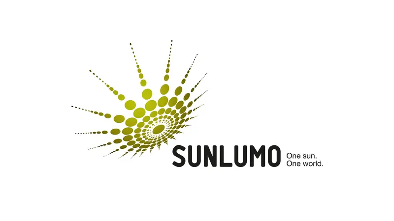 Green dotted sunburst design with the text "SUNLUMO" and the slogan "One sun. One world." on a white background.
