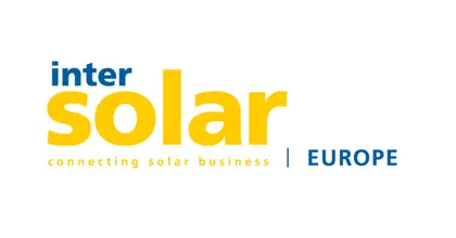 Logo for Intersolar Europe, featuring the words "inter solar" in yellow and "connecting solar business" and "EUROPE" in smaller text.