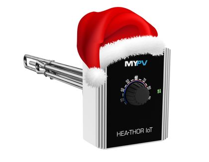 my-PV HEA·THOR IoT immersion heater controller with temperature dial, wearing a red and white Santa hat