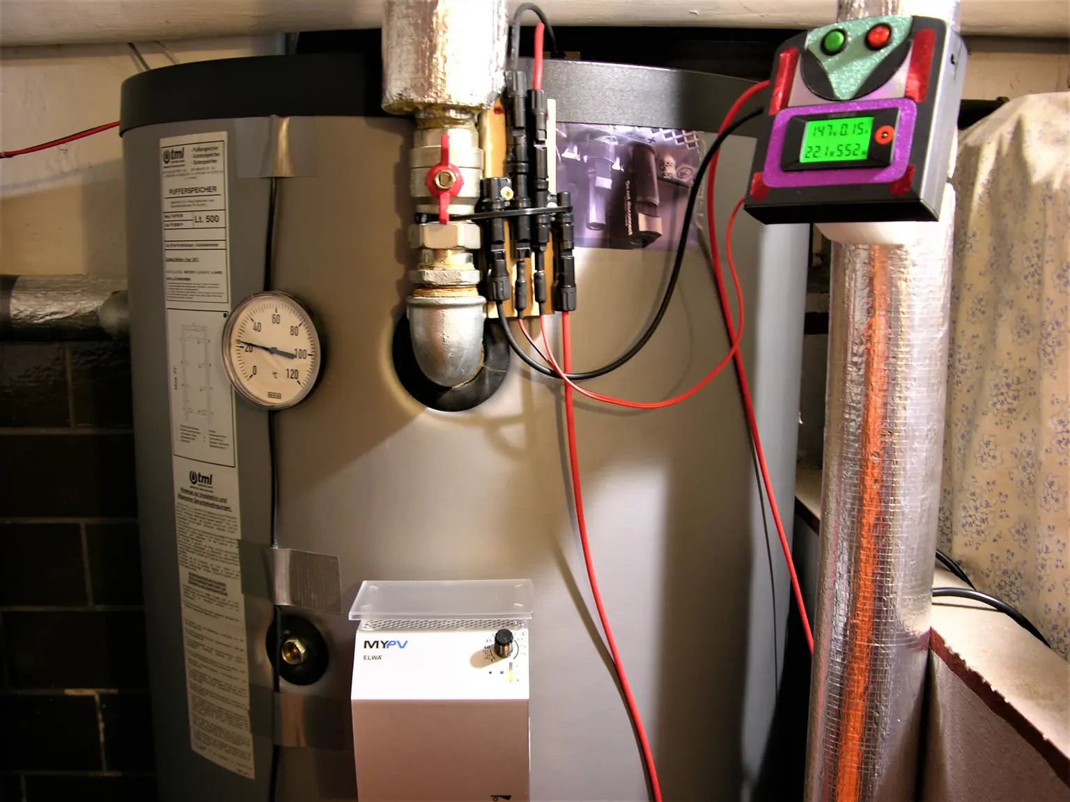 Water heater with built-in DC ELWA and attached meter.