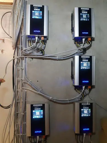 Five connected AC•THOR 9s, with some cables extending from the devices.