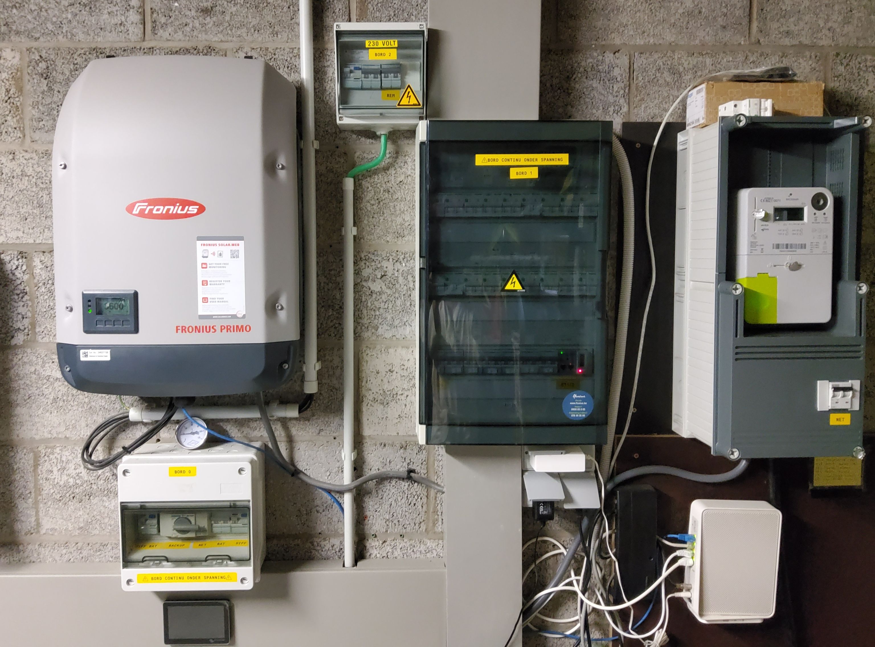 Electrical setup with a Fronius inverter, circuit breakers, and a smart meter mounted on a concrete wall. Various cables are visible.