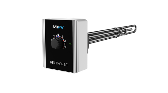Smart water heater controller with a black front panel, rotary dial for temperature adjustment, marked "HEAT·THOR IoT" and "MYPV."