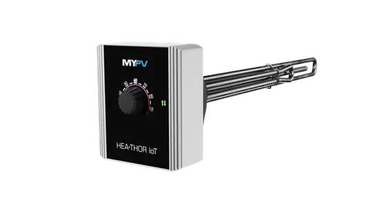 Smart water heater controller with a black front panel, rotary dial for temperature adjustment, marked "HEAT·THOR IoT" and "MYPV."