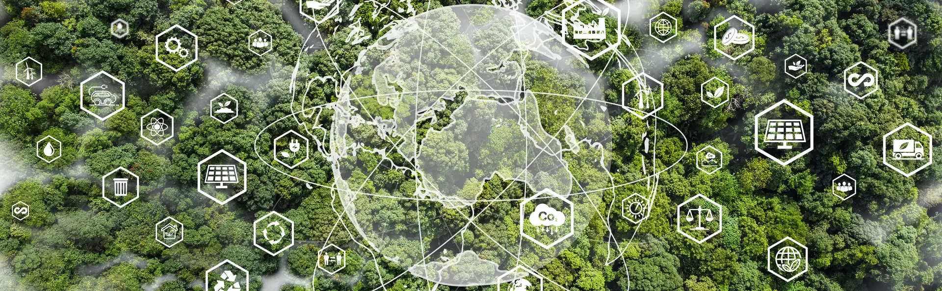 A connected globe with sustainability icons like solar, CO₂ and recycling shown over a forest, symbolizing the green transition