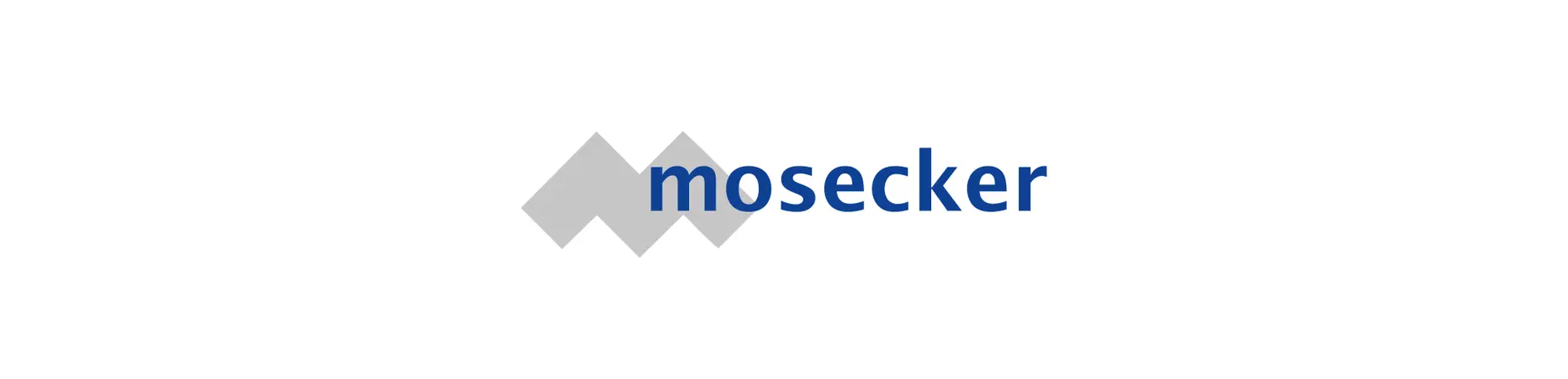 Logo of Mosecker with two gray overlapping triangles on the left and the company name in blue lowercase letters on the right.
