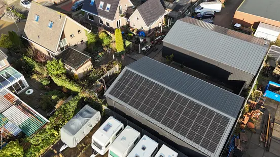 Top view of houses and campervans with photovoltaic panels installed on several rooftops in the neighborhood.