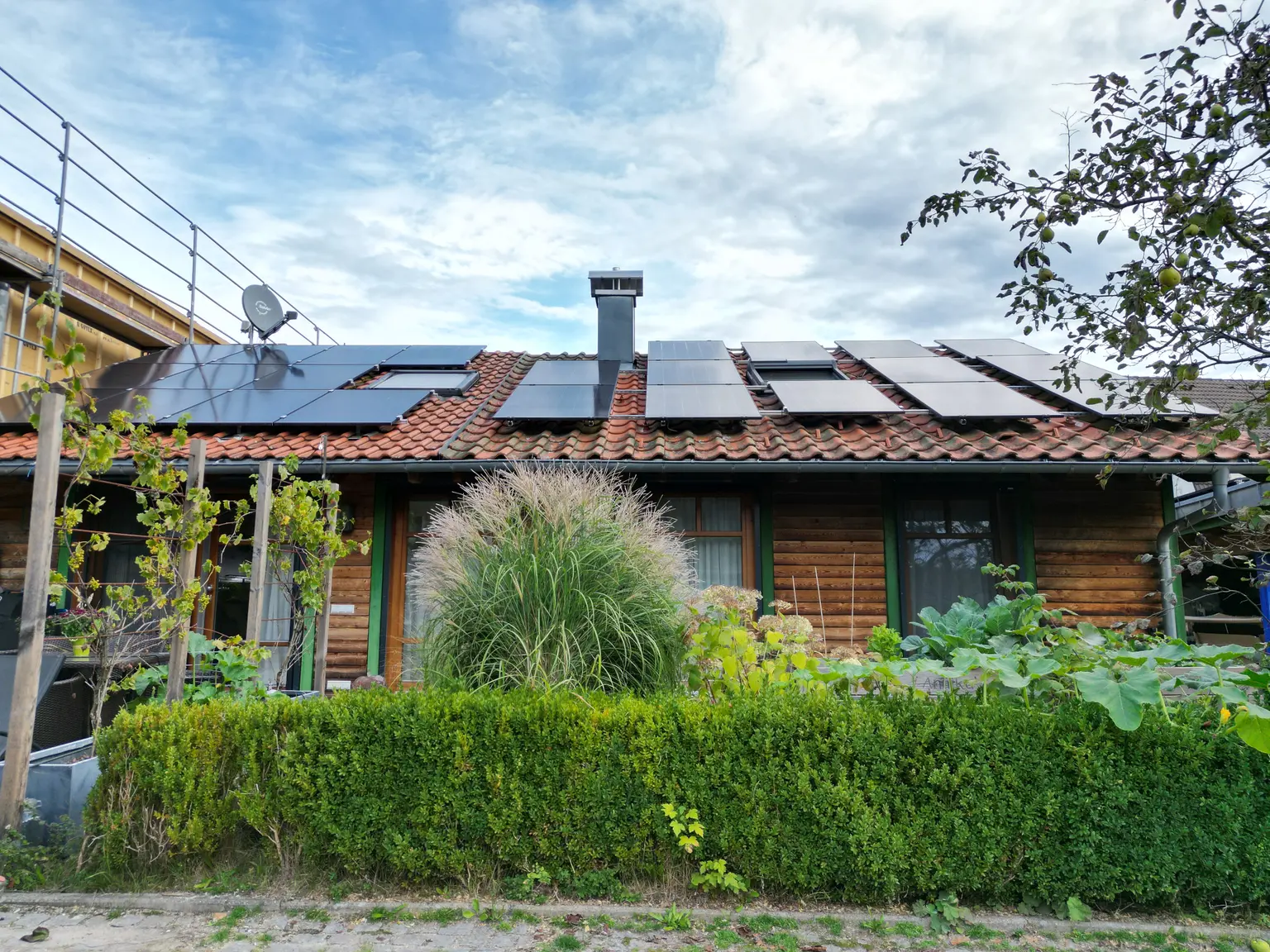 Front view of house with wooden facade, green window frames, solar panels, garden, and side grapevines.