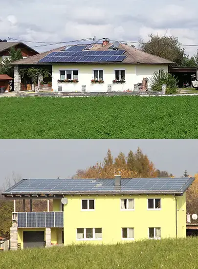 Two houses with solar panels on their roofs. The top house has a sloped roof, while the bottom house has a flat roof with additional panels.