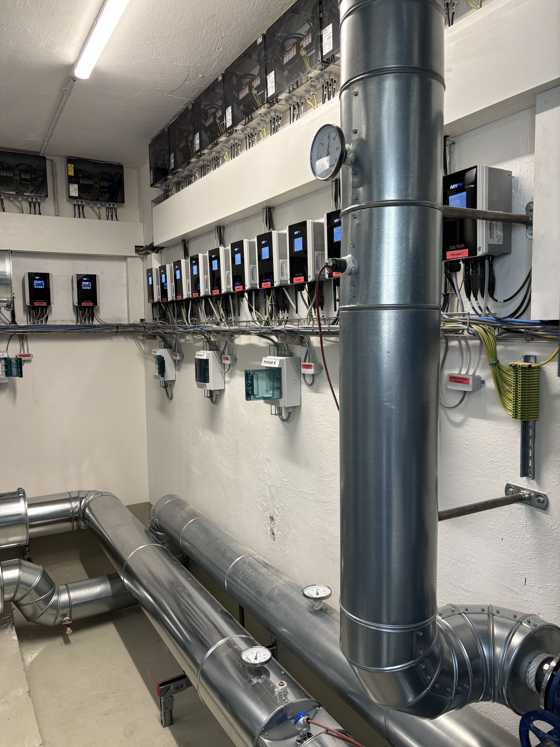 Industrial control room with multiple SOL•THOR units on the wall, large metallic pipes, and various cables and gauges.