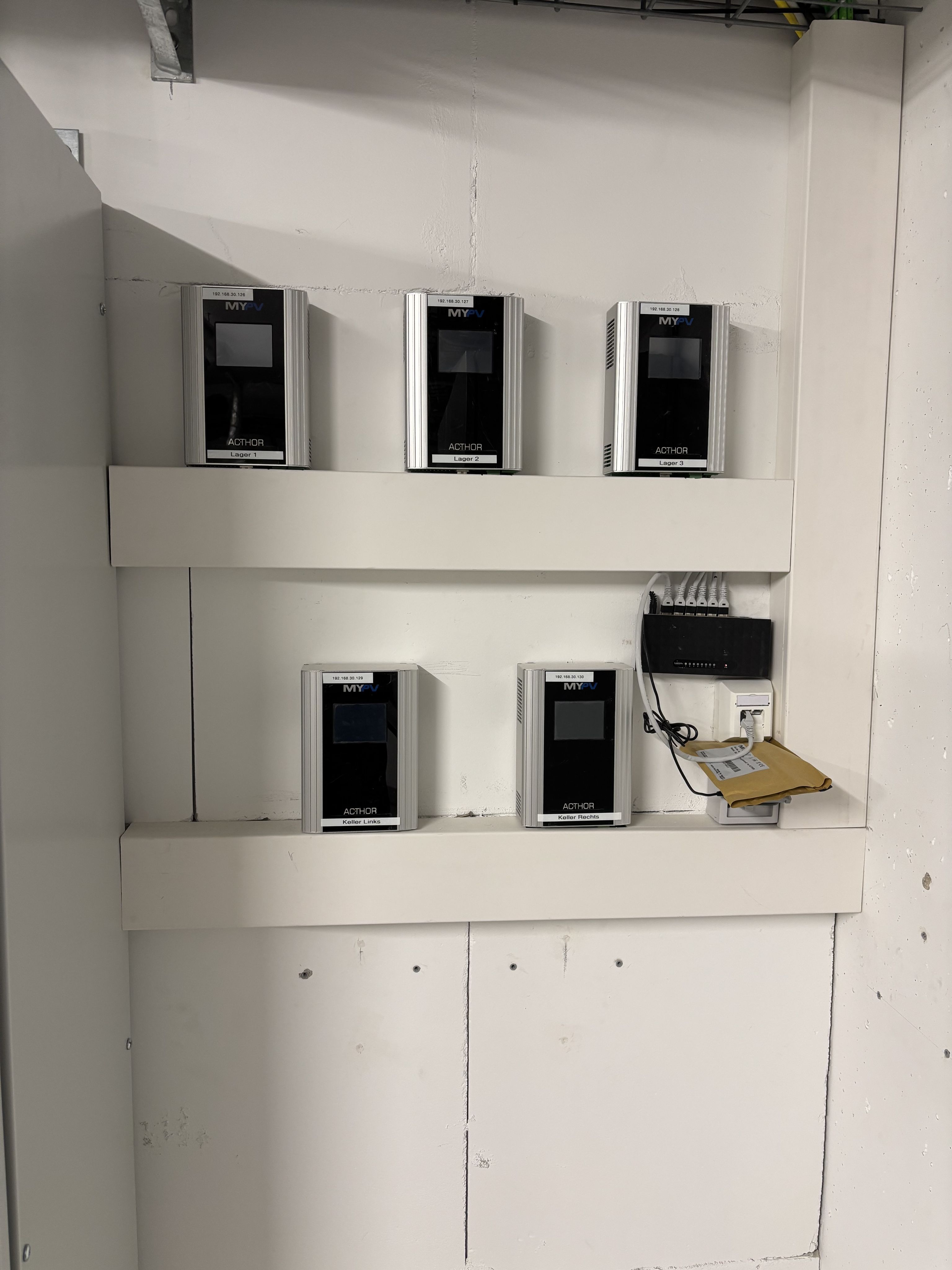 Five wall-mounted MYPV Acthor devices on white shelves, with connected network equipment and wiring on the right.