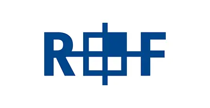 Blue logo with the letters "R" and "F" surrounding a central square composed of four smaller squares on a white background.