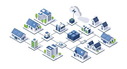 Isometric smart grid network with solar panels, power lines, and interconnected buildings illustrating renewable energy flow.