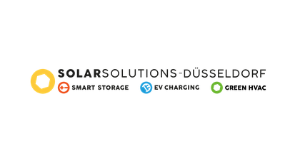 Logo for Solar Solutions Düsseldorf with icons for smart storage and EV charging. Text in black with colorful circular icons below.