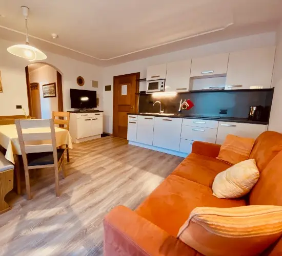 Room with modern kitchen, dining area with seating nook, and orange sofa; a TV stands on the opposite wall.