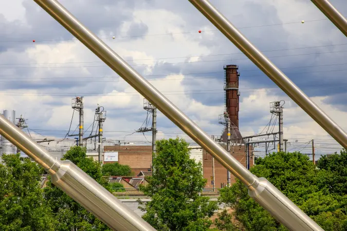 Industrial scene with metal pipes in the foreground, a brick building, smokestack, and power lines under a cloudy sky.