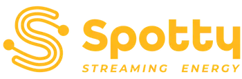 Logo with a stylized "S" and the text "Spotty Streaming Energy" in bold yellow font on a transparent background.