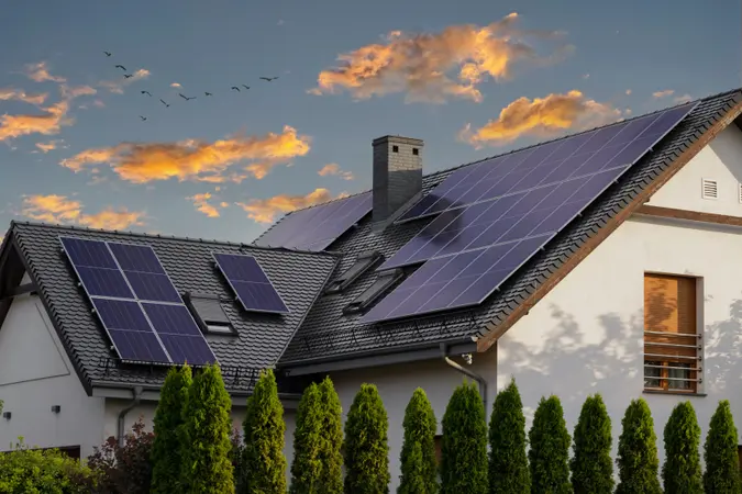 House with solar panels on the roof, surrounded by tall shrubs, under a sky with scattered clouds and flying birds at sunset.