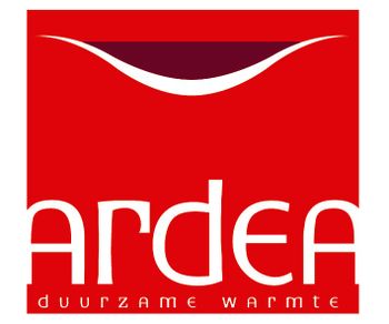 Red logo featuring "ardea" in stylized white font, with "duurzame warmte" below, and a curved white shape above.